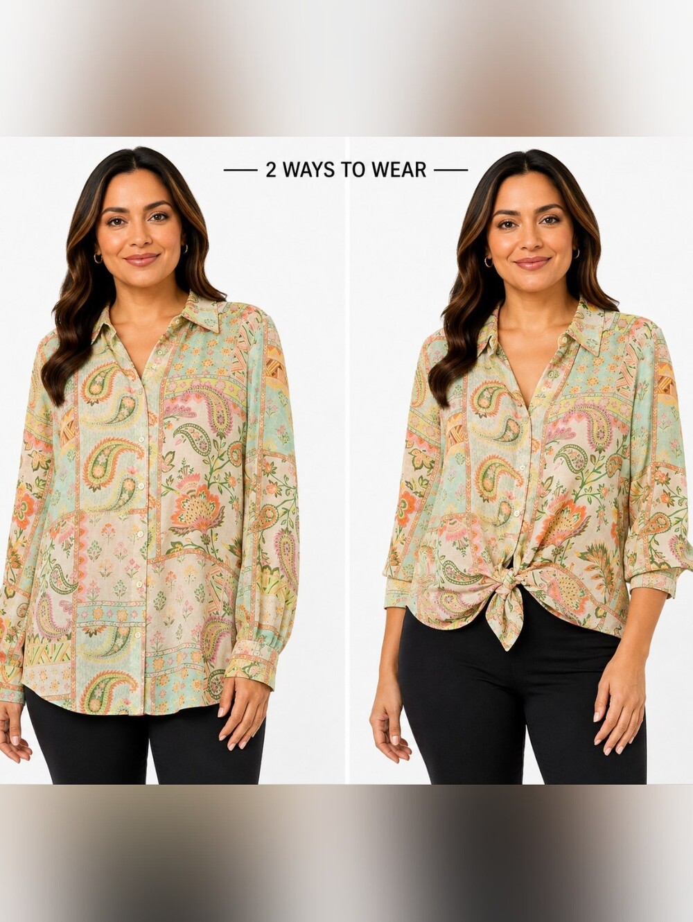 Rose + Olive Women's Pastel Paisley Floral Button-Up Blouse Size Large Boho Long